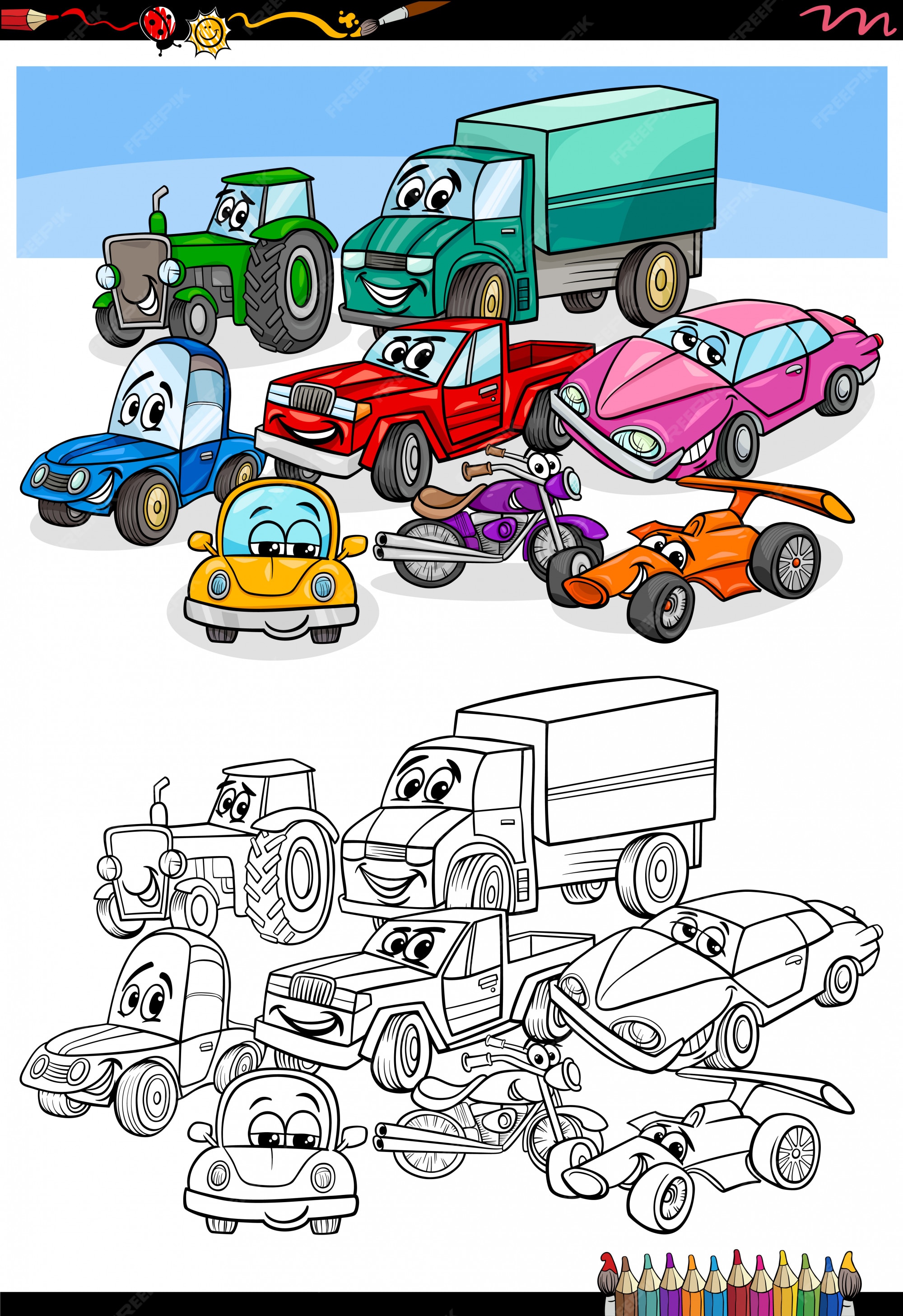 Premium vector cartoon cars and vehicles coloring book page