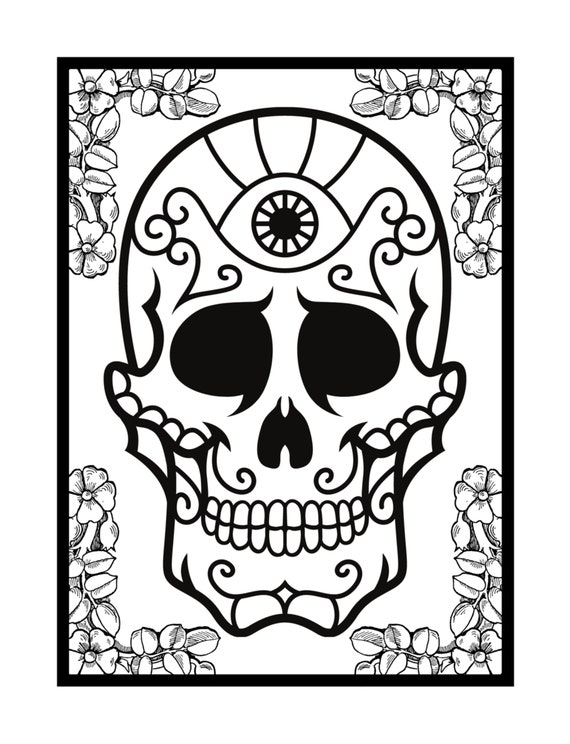 Sugar skull fun coloring page mexican skull color page pãgina para colorear para adultos para amantes de calavera pod coloring page instant delivery