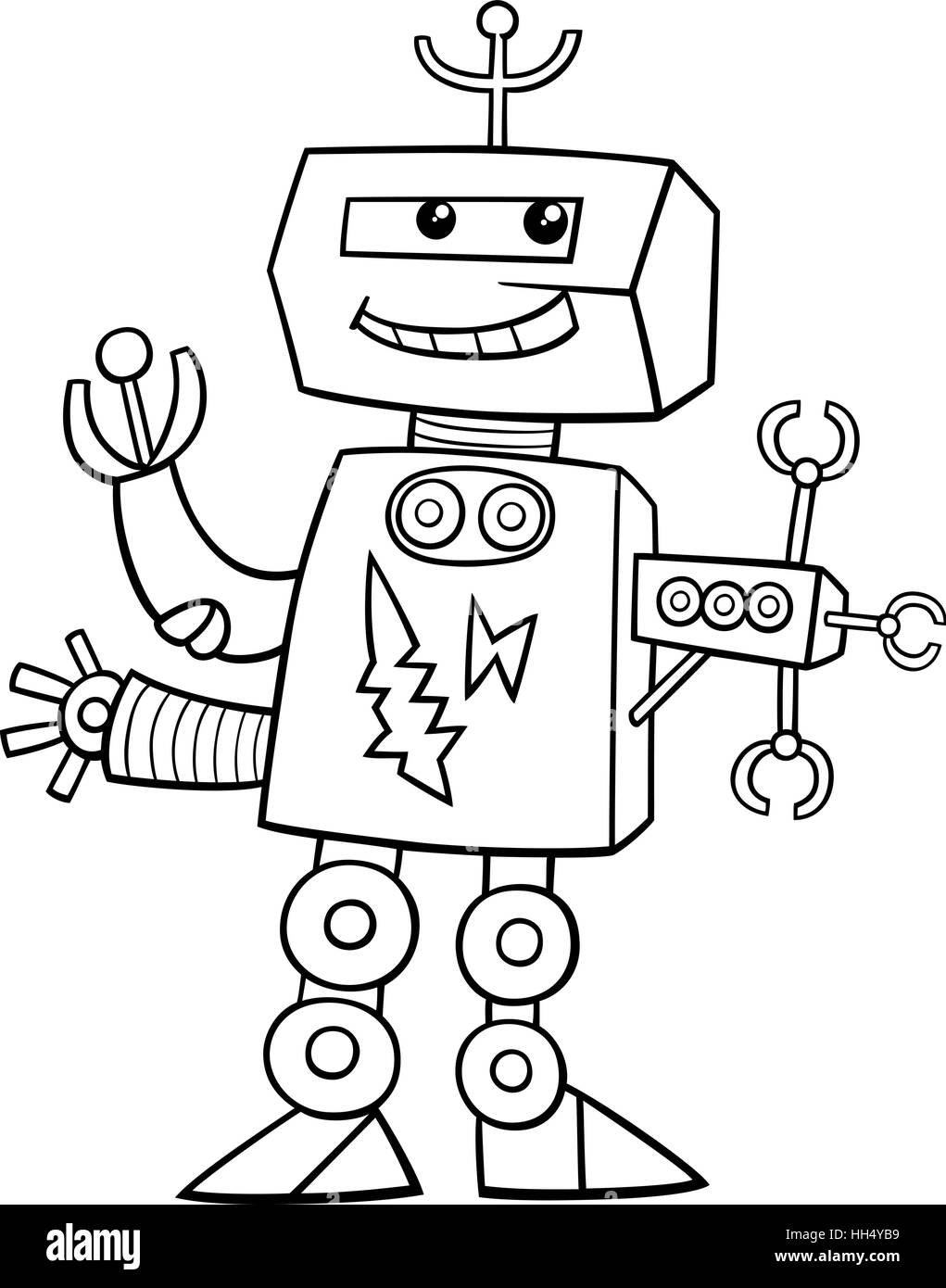 Ilustraciãn caricatura en blanco y negro de robot de ciencia ficciãn o fantasãa carãcter pãgina para colorear imagen vector de stock