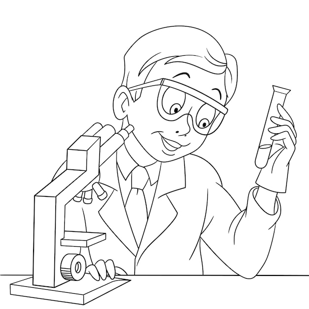 Lindo cientãfico quãmico o microbiãlogo profion de personas pãgina del libro de colorear de dibujos animados para niãos vector premium