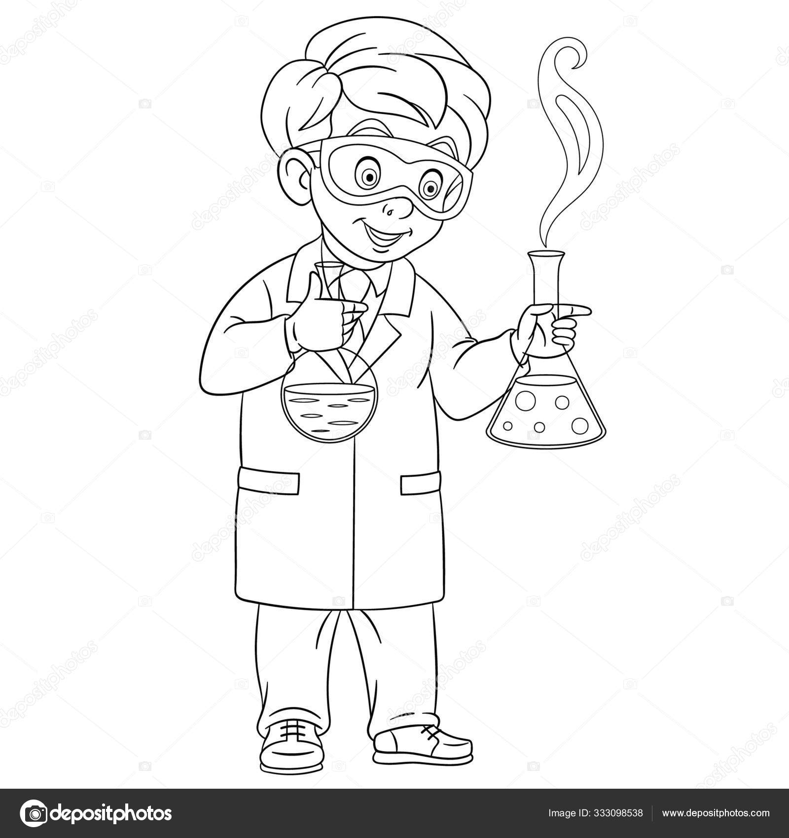 Pãgina para colorear con quãmico haciendo experimento quãmico vector de stock por sybirko