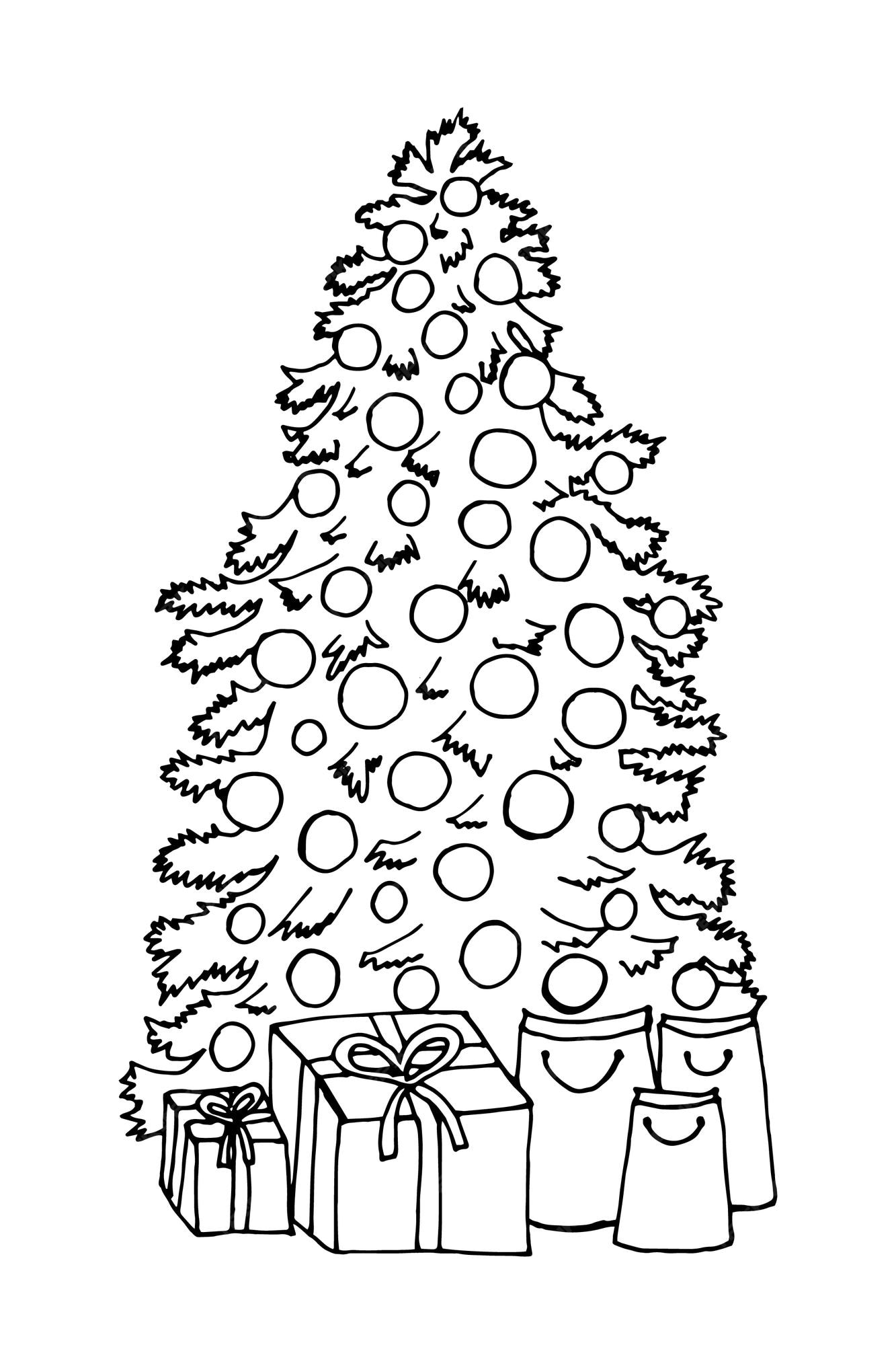 Premium vector christmas tree colouring page christmas tree decorating with gift boxes coloring book