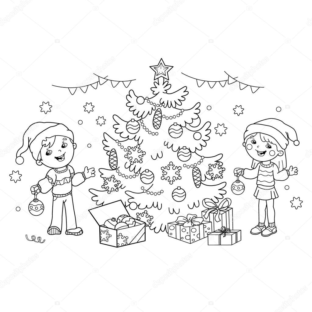 Pãgina para colorear esquema de los niãos decorar el ãrbol de navidad con adornos y regalos navidad aão nuevo libro para colorear para niãos vector de stock de oleon