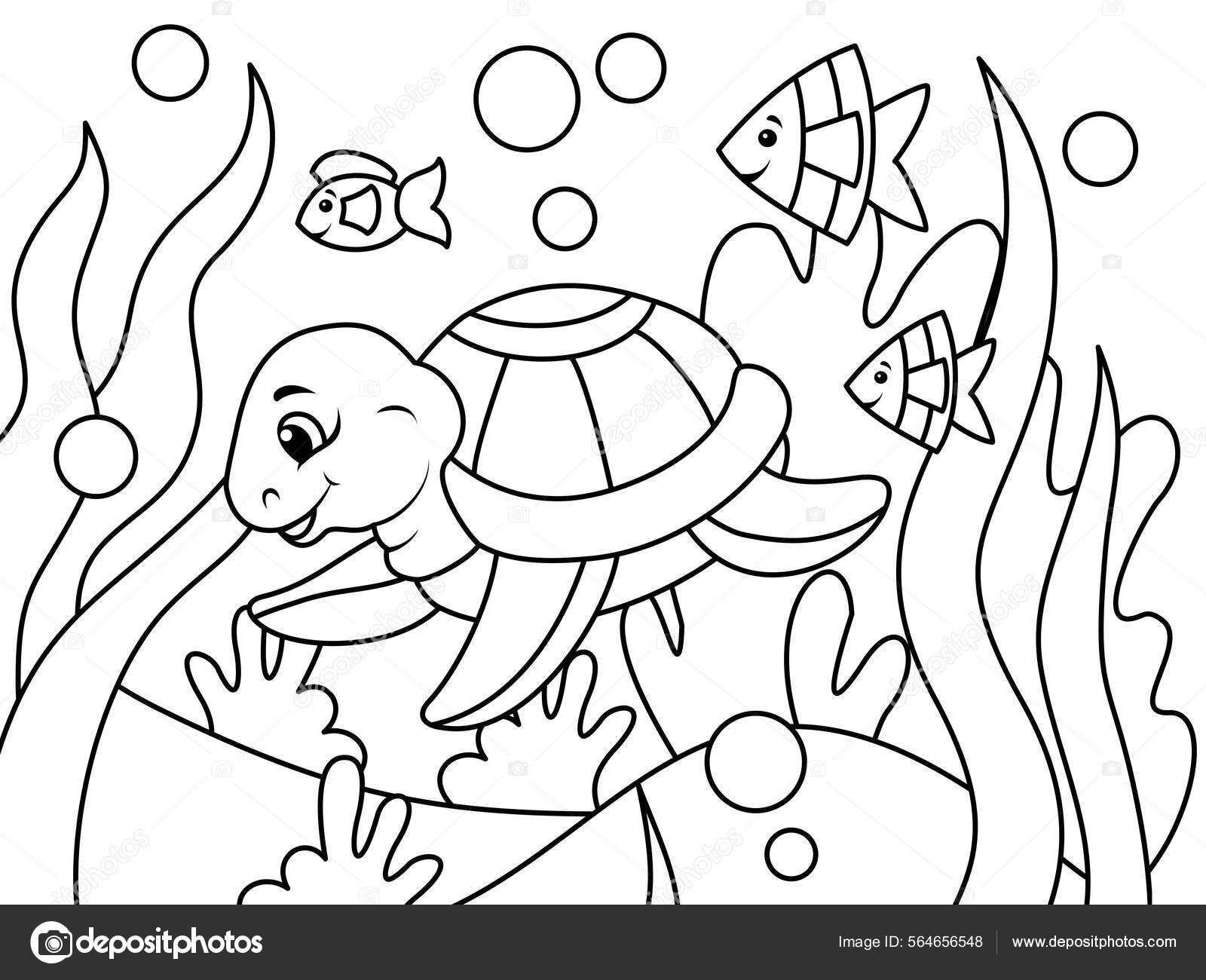 Children coloring underwater world turtle swims among algae and fish vector illustration coloring book vector de stock por toricheksgmail