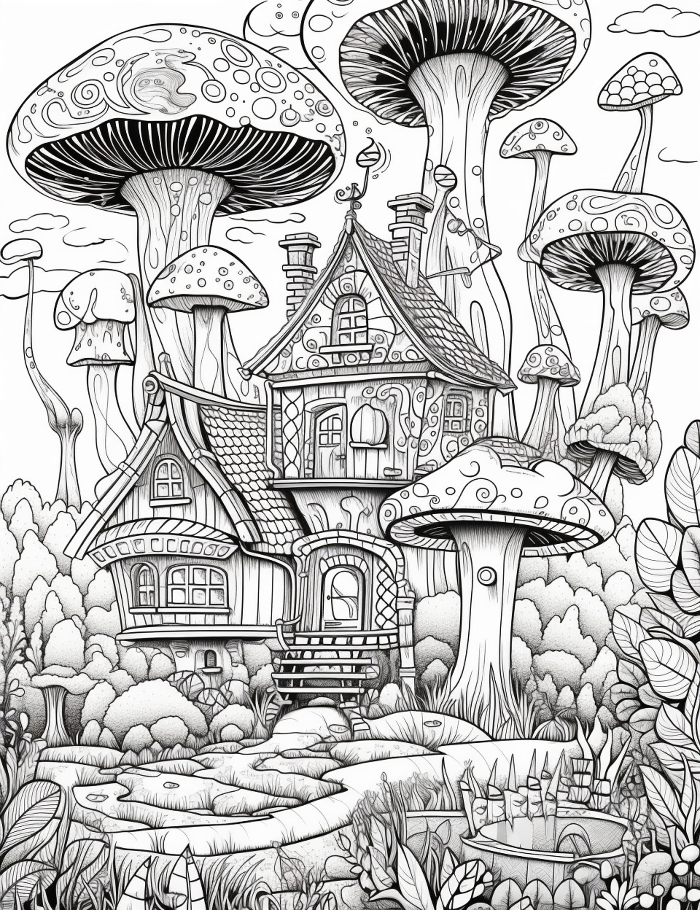 Mushroom house coloring book for kids and adults enjoy the art of coloring with adorable mushroom house pages instant download instant download