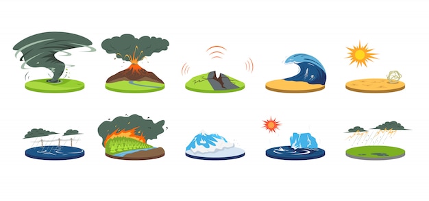 Dastr natural conjunto de ilustraciãn de dibujos animados condicion climãticas extremas catãstrofe cataclismo inundacion avalanchas huracan terremoto tsunami calamidad de color en blanco vector premium