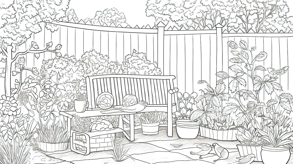 An art coloring page showing a garden setting background picture of garden for colouring background image and wallpaper for free download