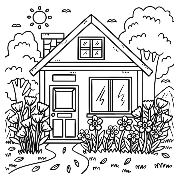 Premium vector spring house with garden coloring page for kids