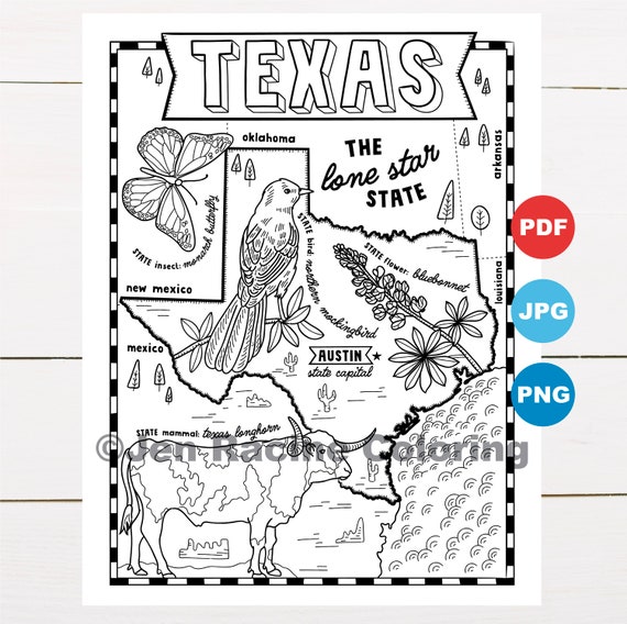 Pãgina para colorear de texas estados unidos mapa del estado vida silvestre sãmbolos estatales flores pãginas para colorear
