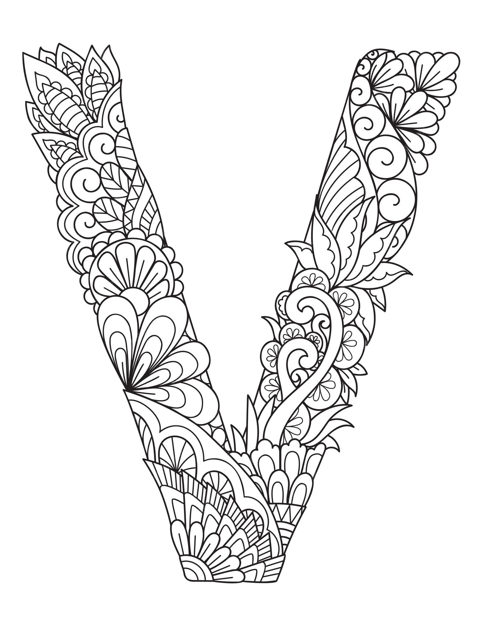 Monograma de la letra v de mandala libro de colorear para adultos diseão de grabado vector premium
