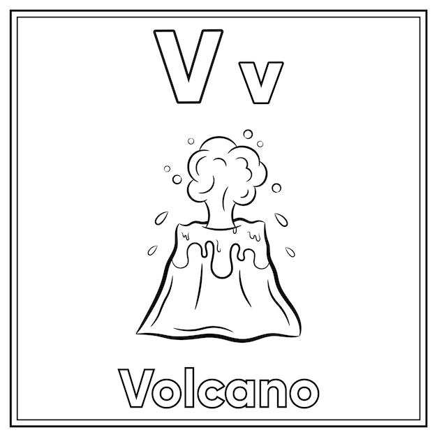 Premium vector alphabet flashcard letter v with cute volcano drawing sketch for coloring
