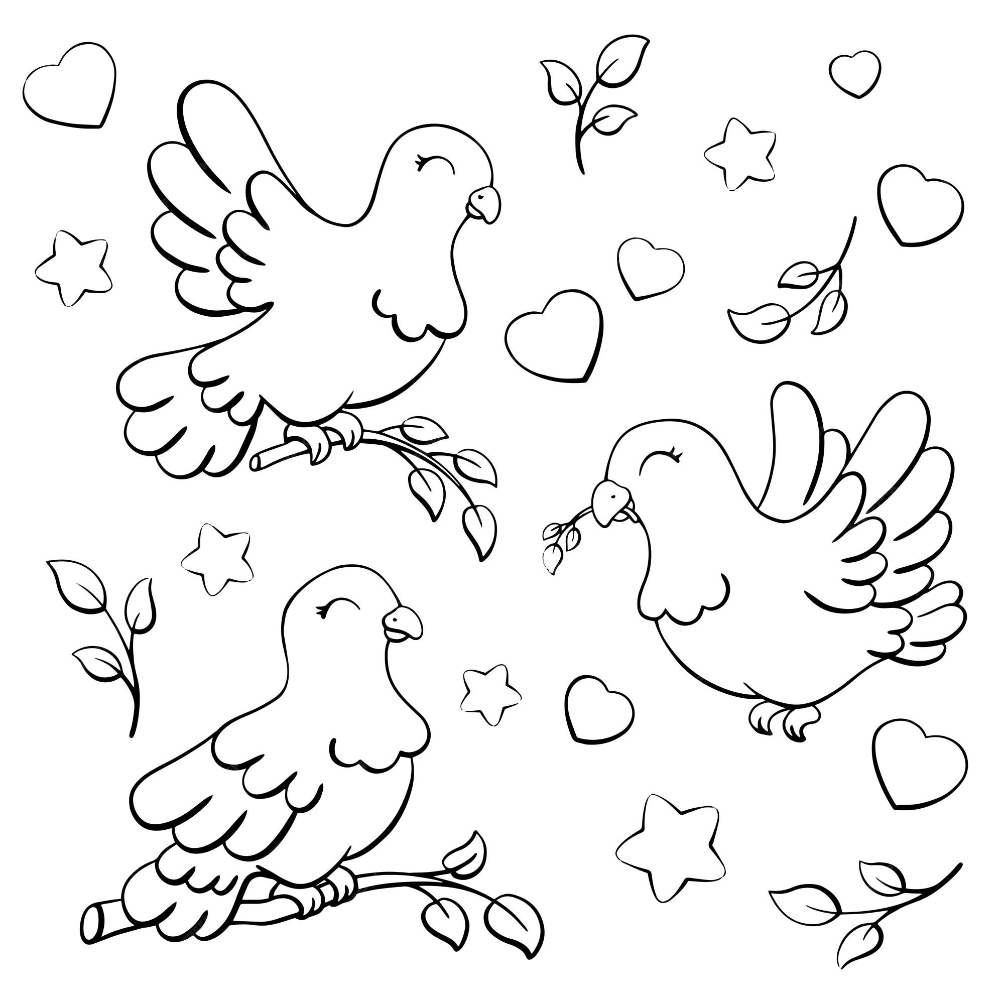 Paloma sãmbolo de paz y amor pãgina para colorear para niãos sello digital personaje de tilo de dibujos animados vector premium
