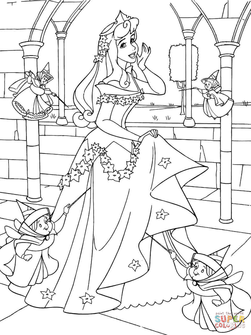 Dibujo de princesa aurora con hadas buenas para colorear dibujos para colorear imprimir gratis