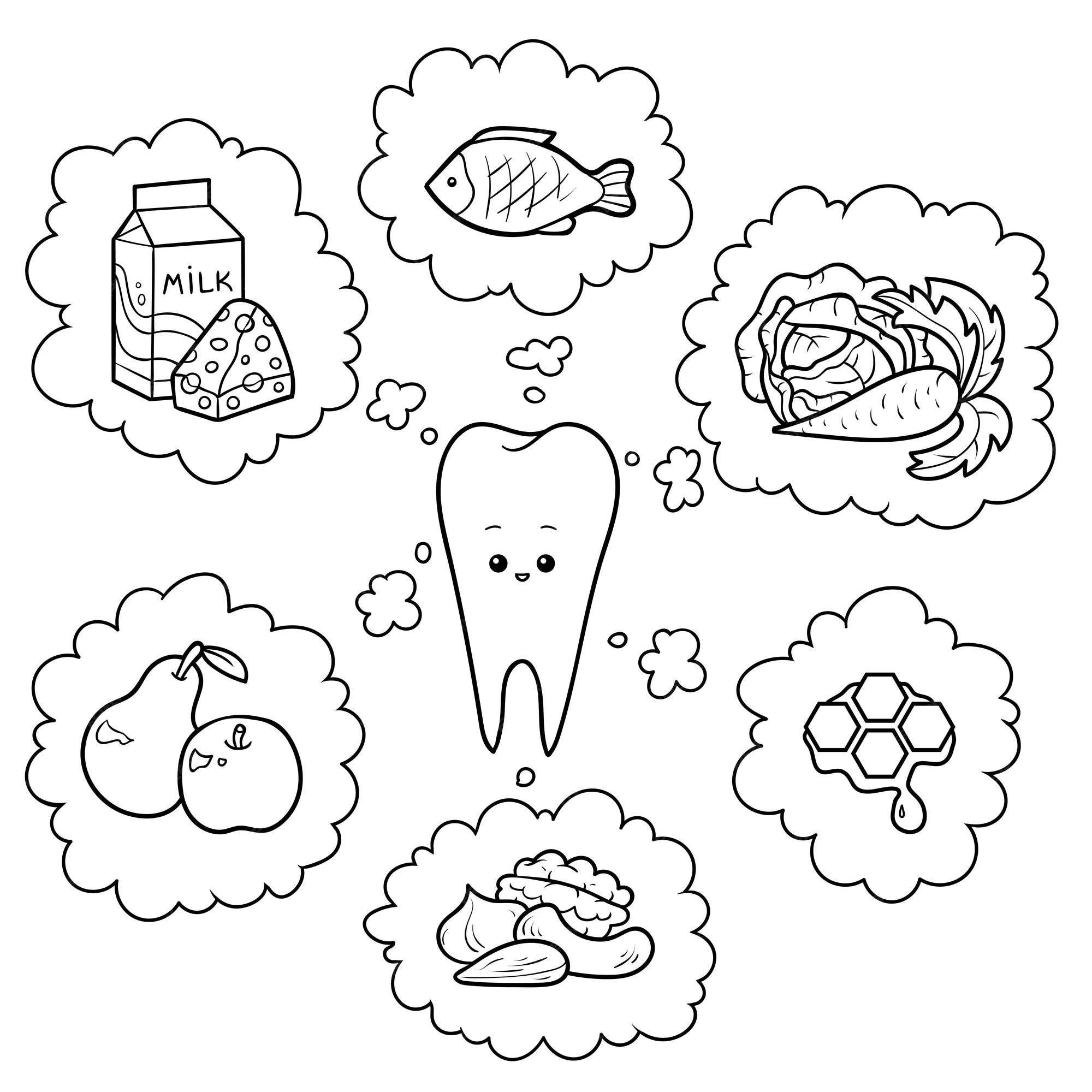 Ilustraciãn de dibujos animados en blanco y negro buena comida para los dient cartel educativo para niãos sobre la salud vector premium