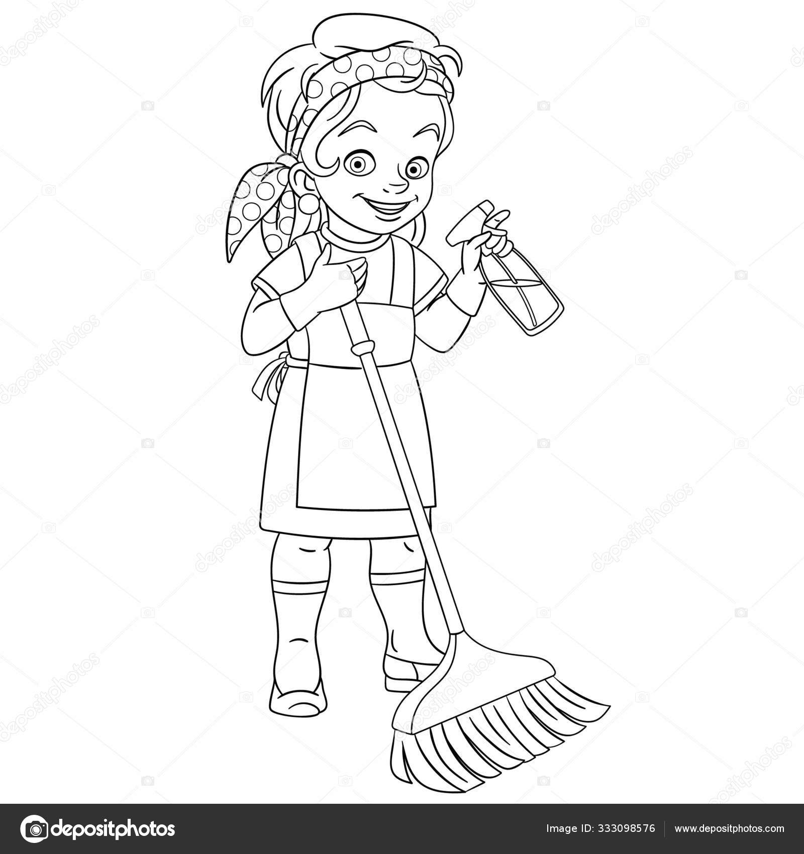 Pãgina para colorear con limpiador de limpieza de casa chica vector de stock por sybirko