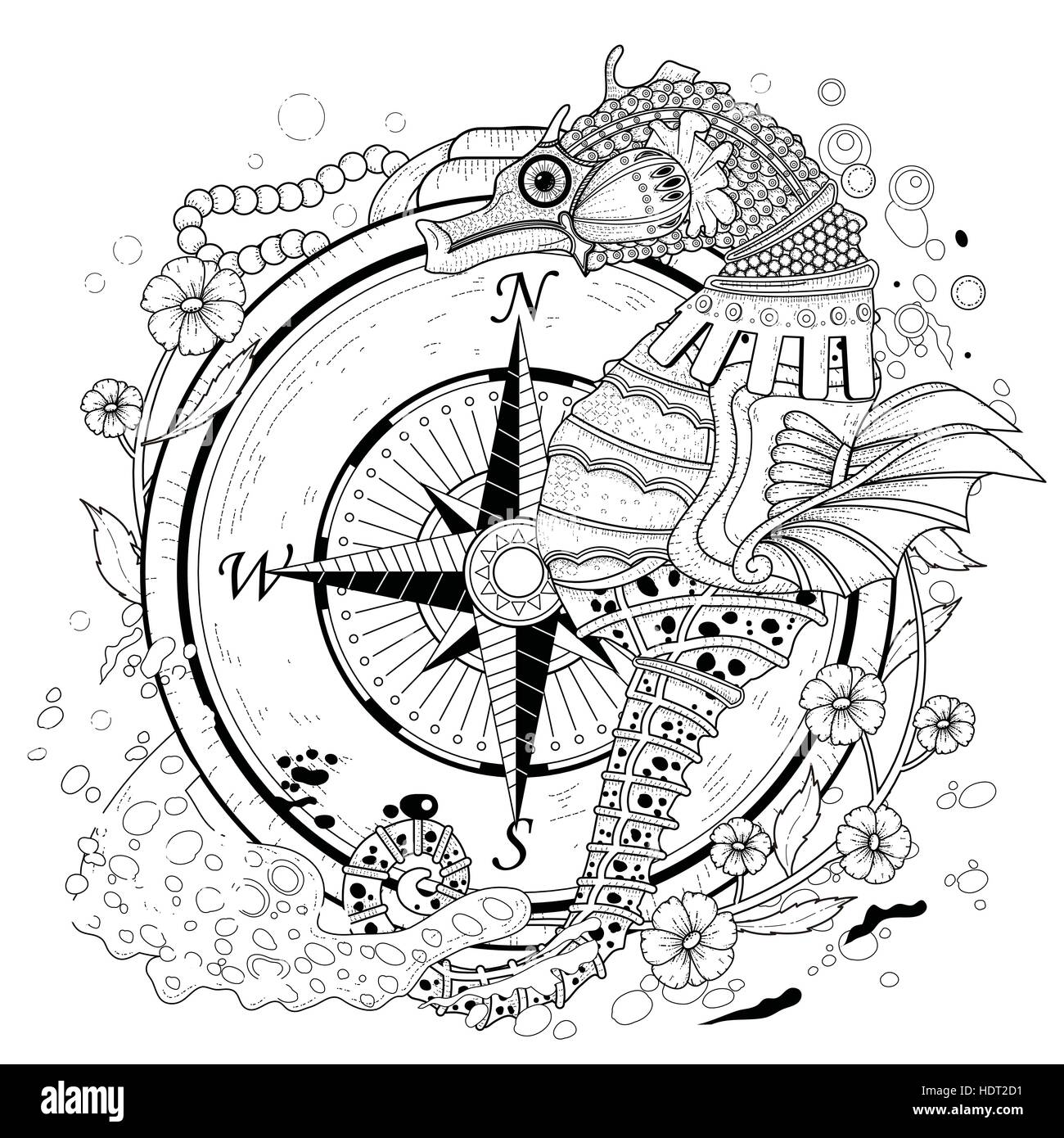 Dibujo para colorear de caballito de mar imãgen vectorial de stock