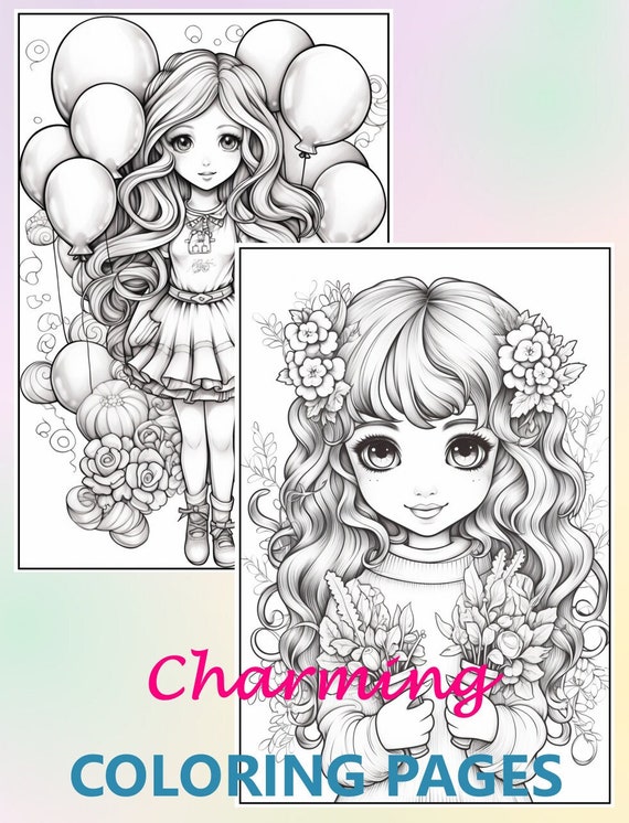 Digital coloring pages kawaii girls and flowers niãas y flores dibujos para colorear ilustraciãn digital blumen malbuch