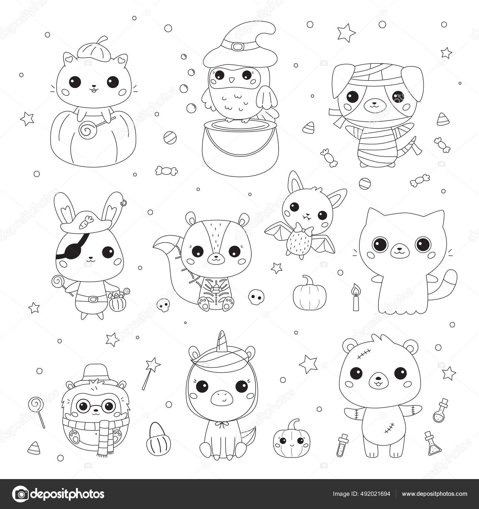 Set vectorial de animales en disfraces de halloween pãgina para colorear para niãos preescolares lindos personajes