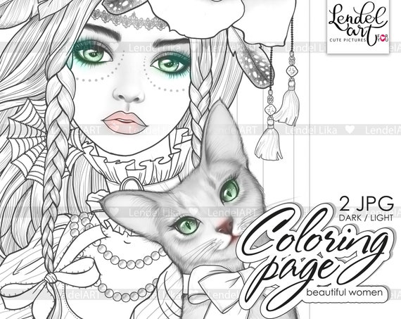 Dibujo de niãa para colorear imprimible dibujo para colorear para adultos gãtico chica linda hada elfo gato colorear imprimible descarga instantãnea