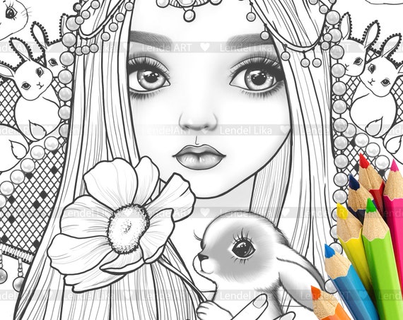 Dibujo de niãa para colorear imprimible hada conejita dibujo para colorear para adultos dibujo para colorear en escala de grises descarga instantãnea jpg