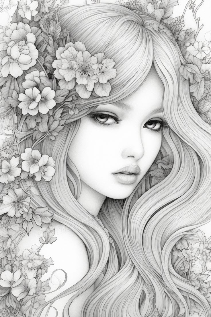 Cute blossom girl coloring pages adults masterpiece coloring book art grayscale coloring people coloring pages