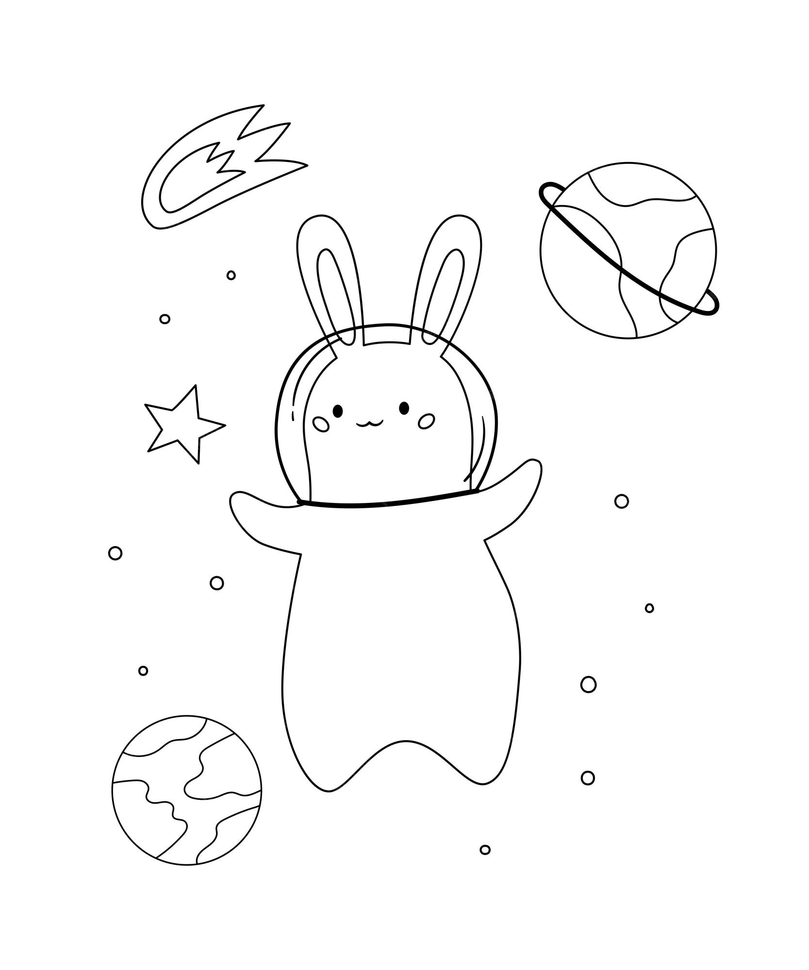 Pãgina para colorear del pacio con lindos conejitos de dibujos animados planetas y trellas vector premium