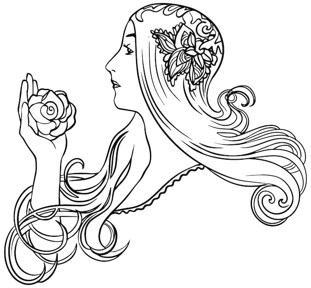 Premium vector abstract woman with a rose vector black and white line drawing for your design and coloring books