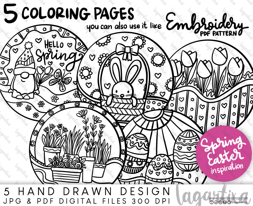 Printable digital sheets hand drawn designs spring easter gnomes tulips coloring for adults therapy flowers clipart relax meditation dibujos imprimibles para colorear para niãos adultos temas de primavera y