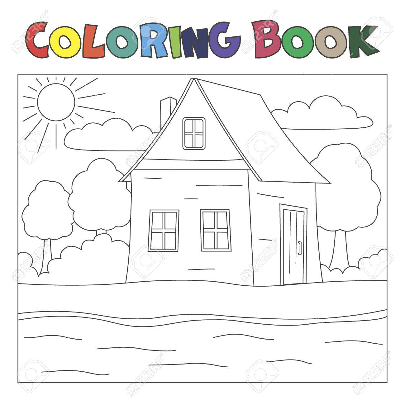 Coloring book with house and river farm landscape royalty free svg cliparts vectors and stock illustration image