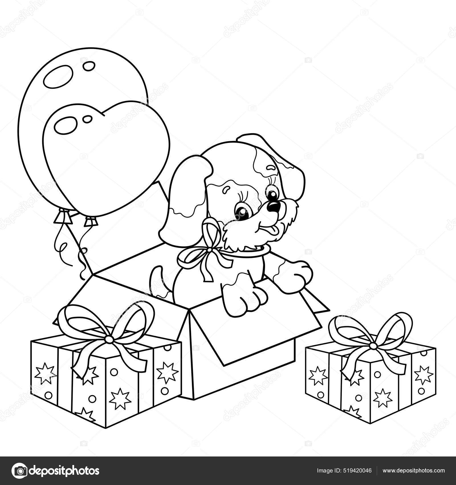 Pãgina para colorear esquema dibujos animados perrito con regalos globos vector de stock por oleon