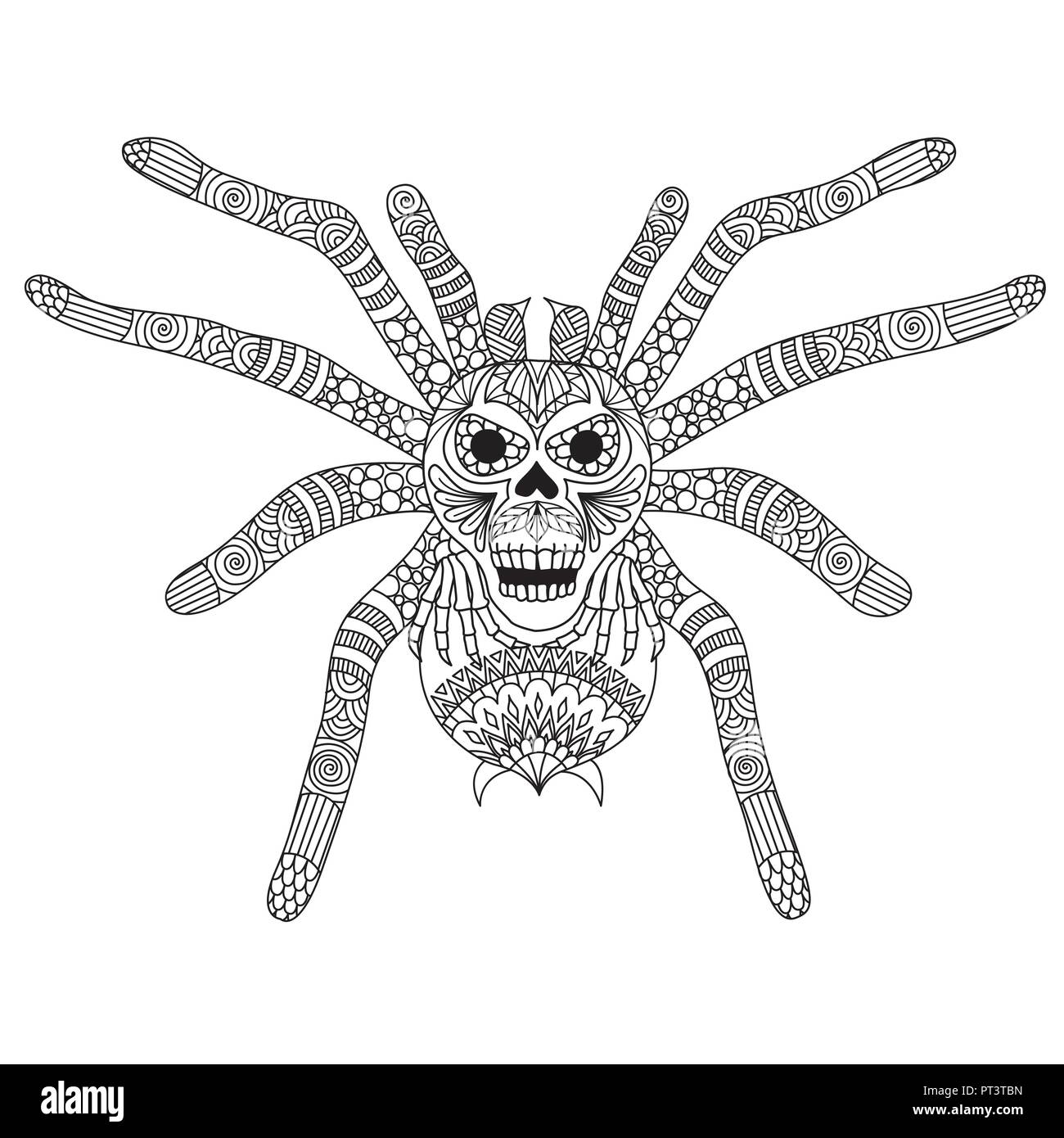 Coloring book pãgina para adulto y nião la coloraciãn de la imagen tilizada zentangle spooky skull cara en spiderman ilustraciãn de dibujo a mano alzada diseão e imagen vector de stock