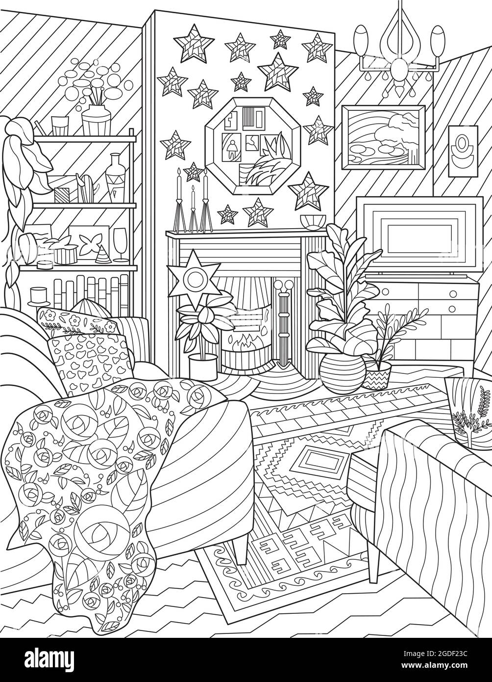Sala de tar juego de fideos sofã tv cajãn chimenea lãnea incolora dibujo comãºn room drawing sofã set television cajon carpet coloring book page imagen vector de stock