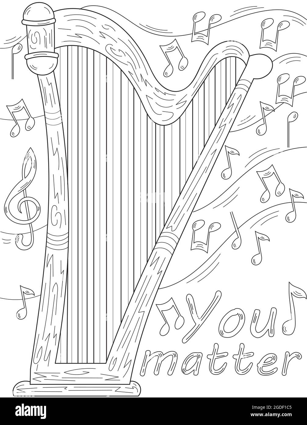 Arpa poning flat con mãºltipl notas musical dibujo flotante de lãneas incoloras pãgina de libro de coloreado de instrumentos musical con cadenas imagen vector de stock