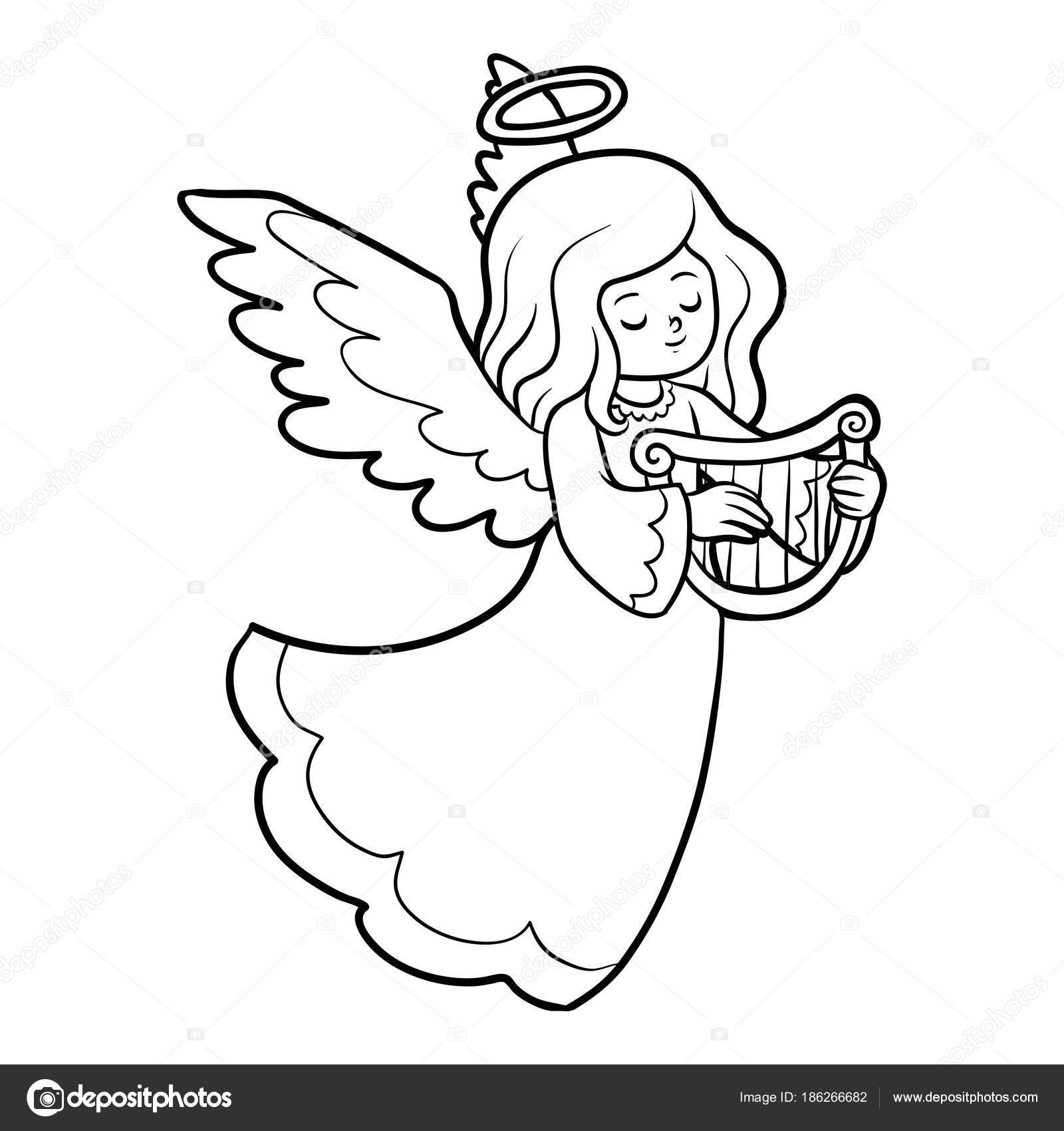 Libro para colorear ãngel con arpa vector de stock por ksenyasavva