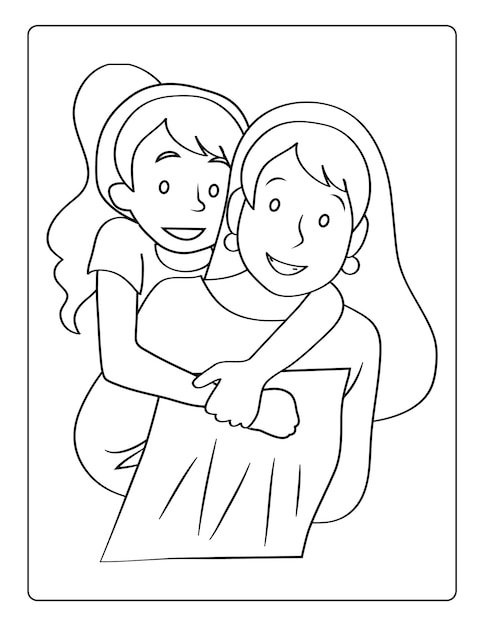 Pãginas para colorear del dãa de la madre para niãos con una linda hoja de trabajo de actividad en blanco y negro para mamã e hijo vector premium