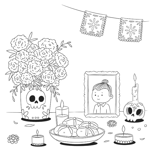 Free vector hand drawn altar de muertos coloring page illustration