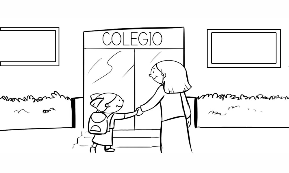 Dibujo para colorear de una niãa entrando al colegio con su madre