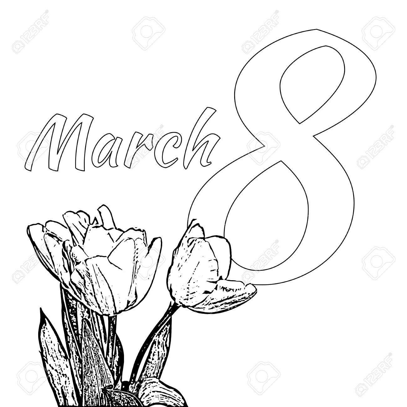 Coloring page for international happy womens day c with bouquet of tulips and text th of march on a white background stock photo picture and royalty free image image