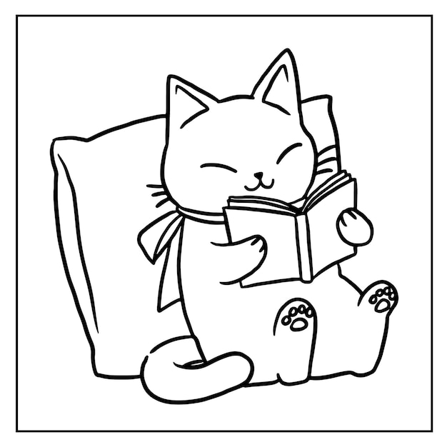 Pãgina para colorear gato de dibujos animados libro de lectura personaje dibujo arte vector premium