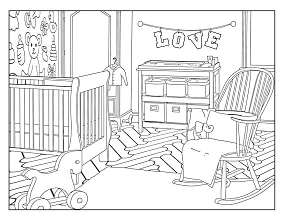 Habitaciãn del bebã en la casa dibujos para colorear para adultos pãgina para colorear imprimible descarga instantãnea en pdf