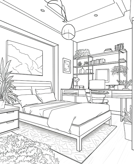 Pãgina para colorear para adultos habitaciãn decorada con cama foto premium