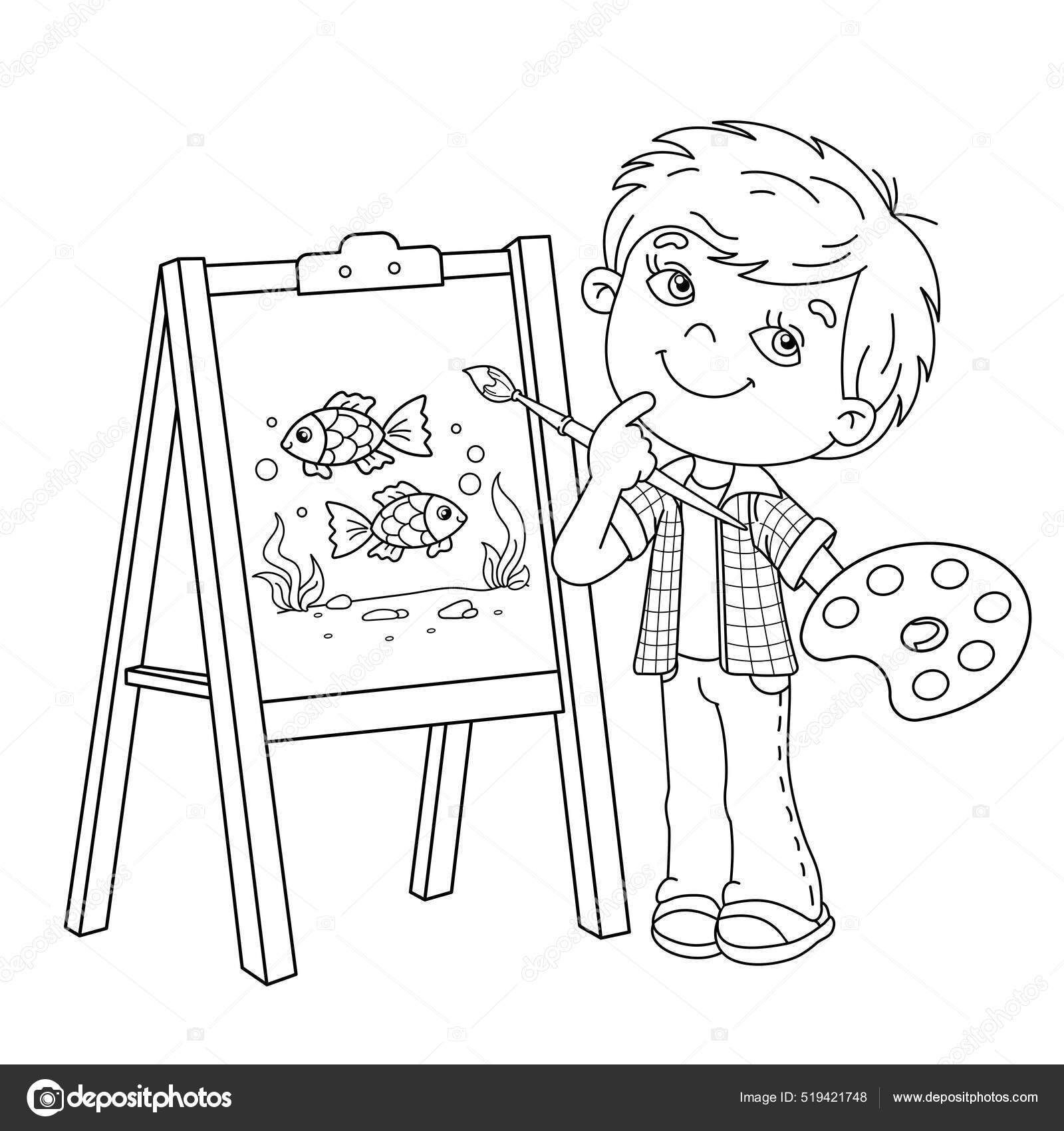Pãgina para colorear esquema nião dibujos animados con pincel pinturas vector de stock por oleon