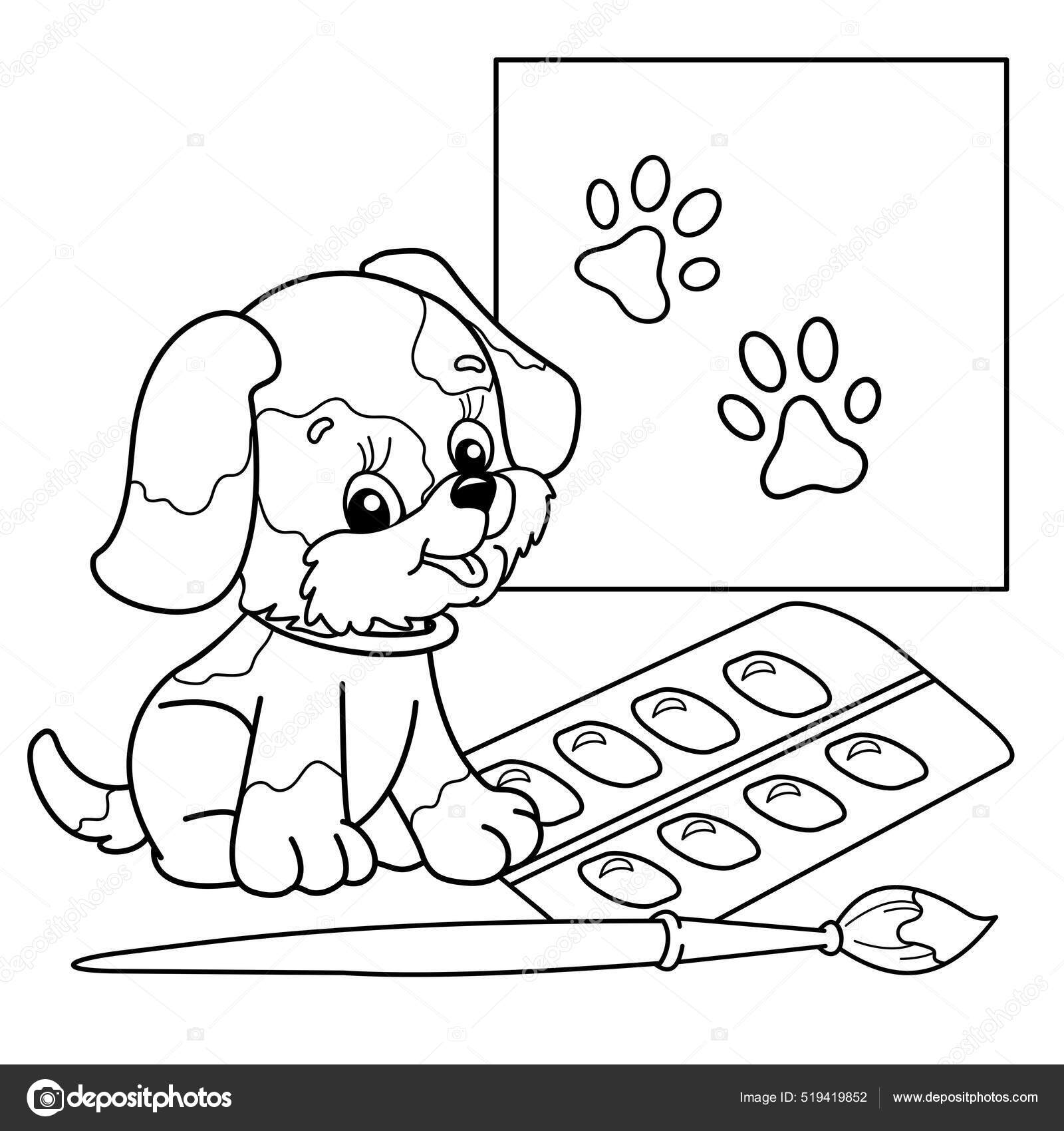 Pãgina para colorear esquema pequeão perro dibujos animados con pincel vector de stock por oleon