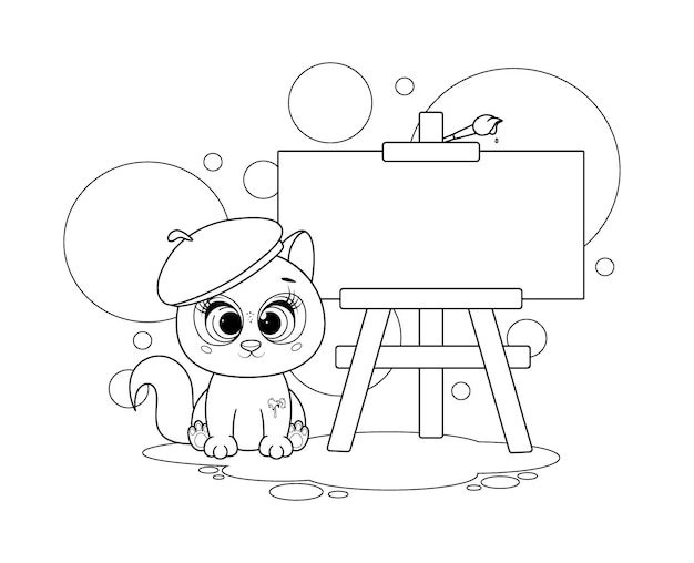Dibujo para colorear lindo gatito artista con caballete y pincel vector premium