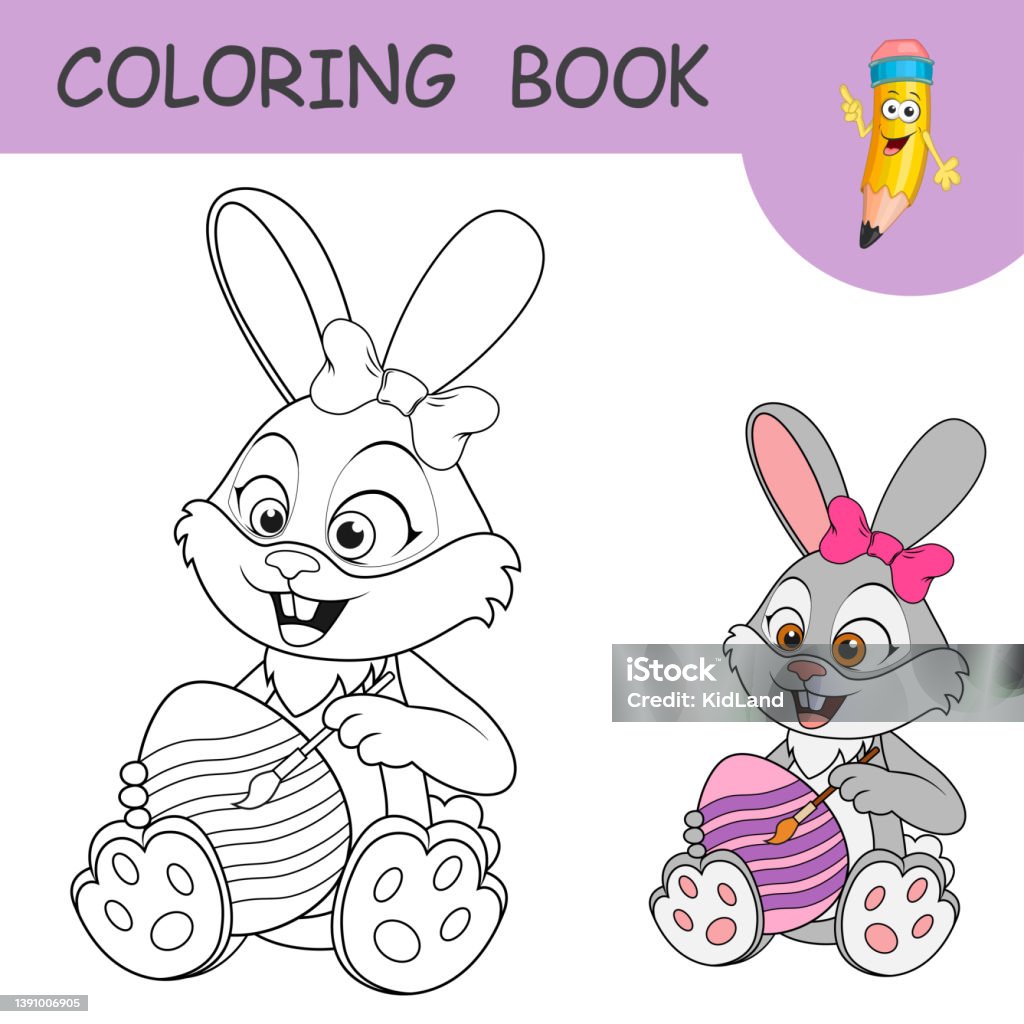 Ilustraciãn de chica sonriente conejo sentado y pincel pintando huevo de pascua libro para colorear con conejo de pascua y huevo muestras incoloras y de color plantilla de dibujo para colorear u