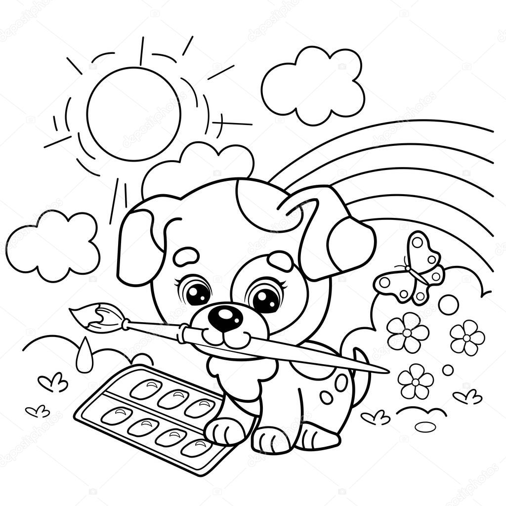 Pãgina para colorear esquema pequeão perro dibujos animados con pincel vector de stock de oleon