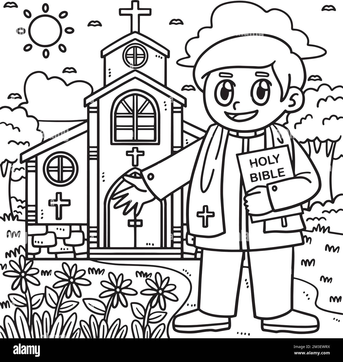 Sacerdote cristiano en la pãgina de colorear de la iglia imagen vector de stock