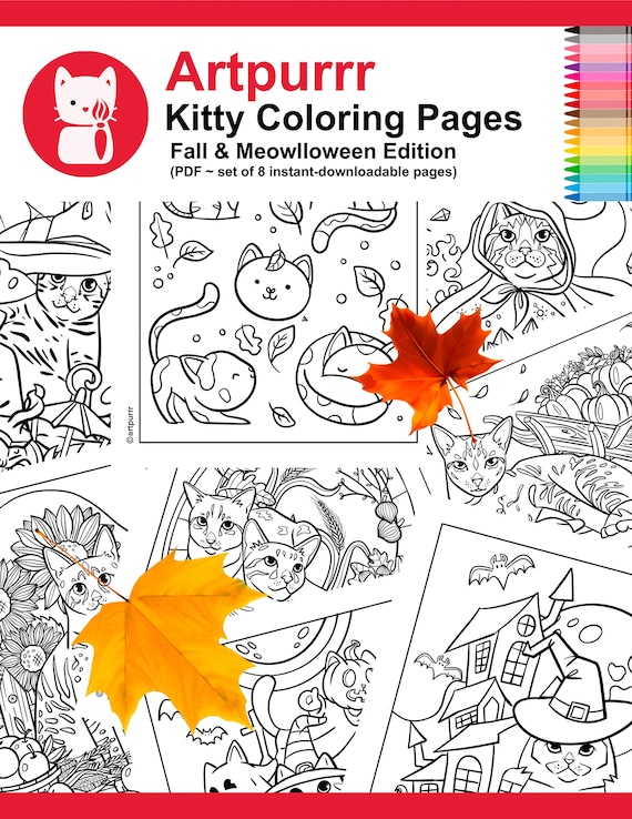Pãginas para colorear de hello autumn kitty conjunto pdf de