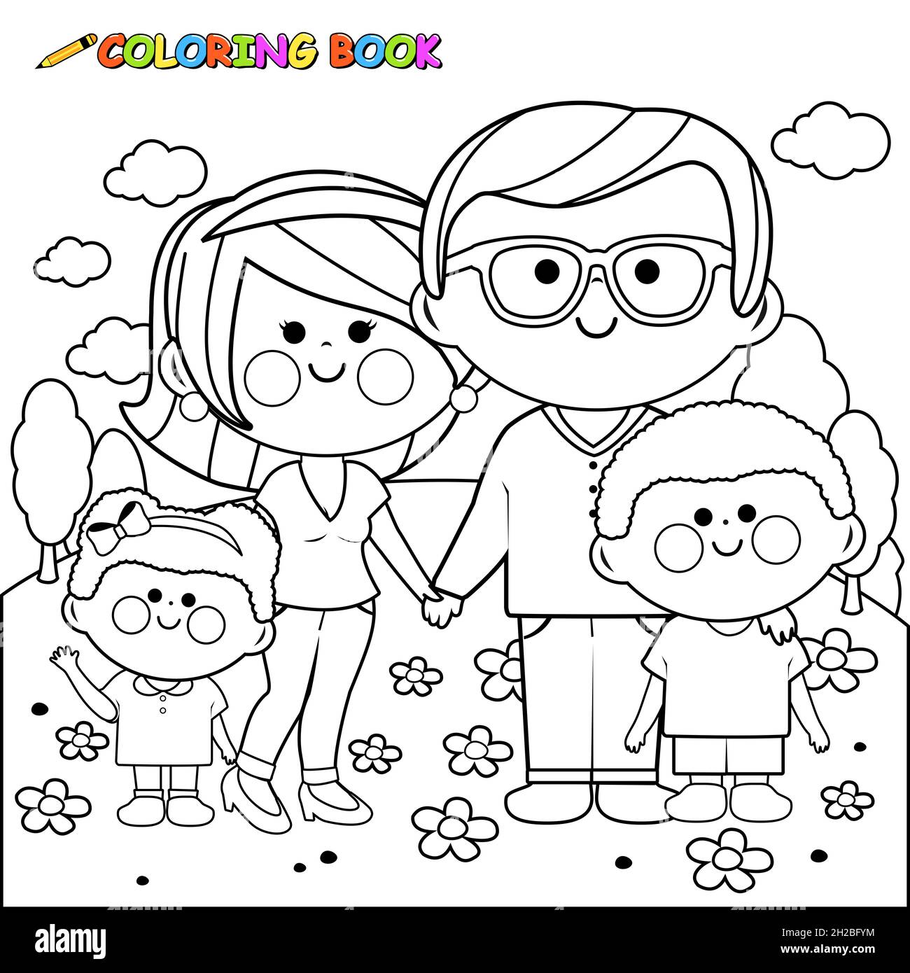Feliz familia en el parque pãgina para colorear en blanco y negro fotografãa de stock