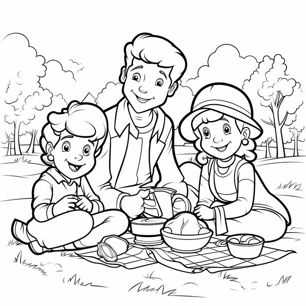 Crear pãgina para colorear para los niãos de la familia farmers disfrutando de un picnic foto premium